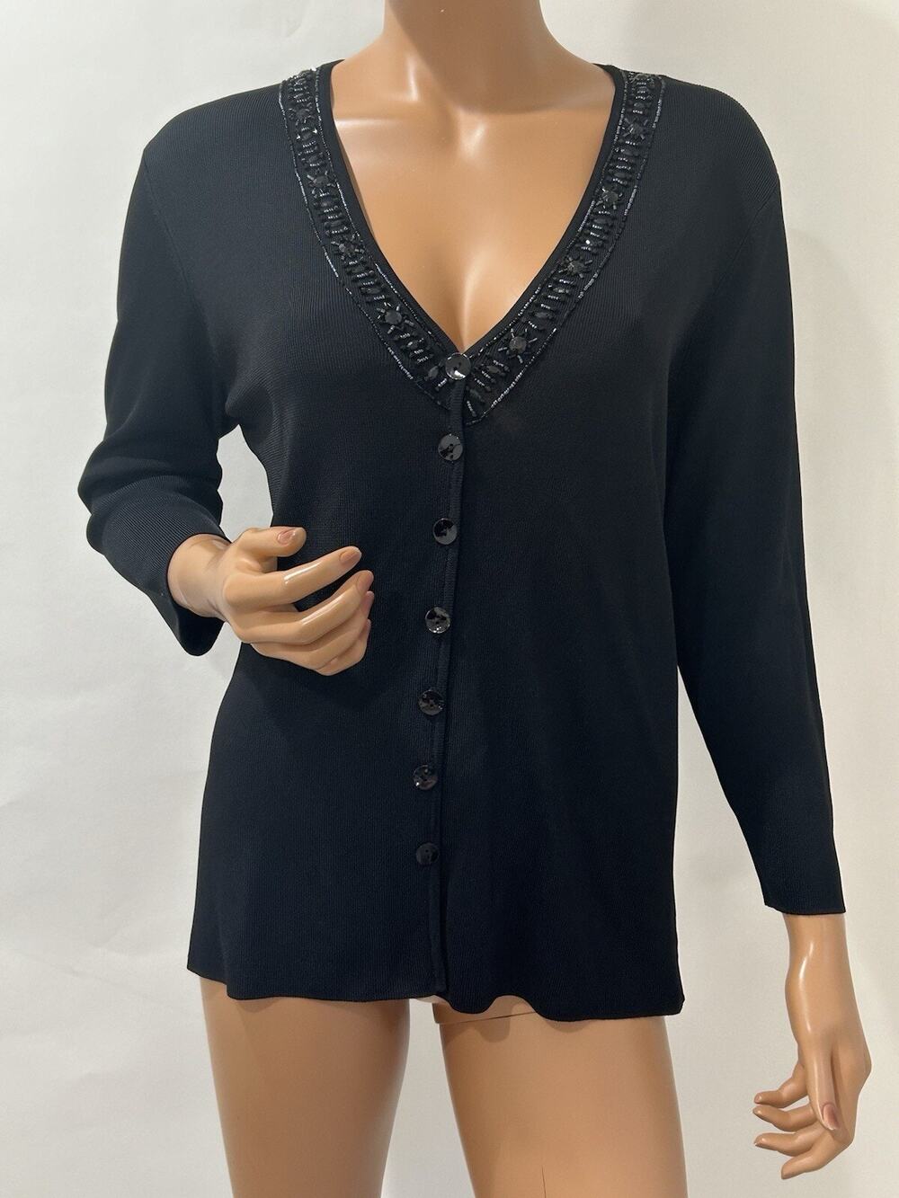 LOULOU Black Beaded V Neck Cardigan Sweater with Black Buttons Fit Medium